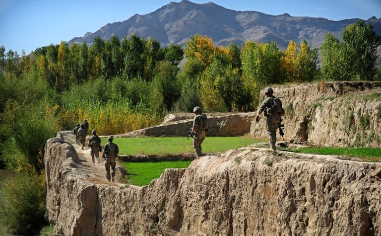 US Army soldiers from Headquarters Company, 173rd Special Troops Battalion attached to 1st Squadron (Airborne), 91st US Cavalry Regiment, 173rd Airborne Brigade Combat Team patrol near Baraki Barak base in Logar Province, on October 11, 2012. NATO may station up to 12,000 troops in Afghanistan to train and assist Kabul's forces after the combat mission there ends in 2014, US officials said