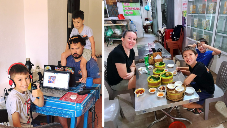 A composite image with a man sitting at a computer with one son on his shoulders and another across from him on his laptop, and the two boys with their mother in front of a table of dumplings. 