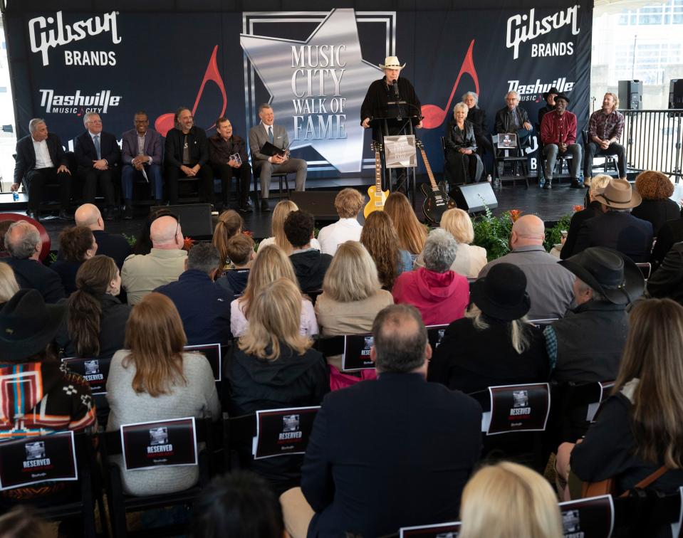 Bobby Bare addresses the audience during the Music City Walk of Fame Induction Ceremony at Walk of Fame Park Tuesday, April 5, 2022 in Nashville, Tenn. 