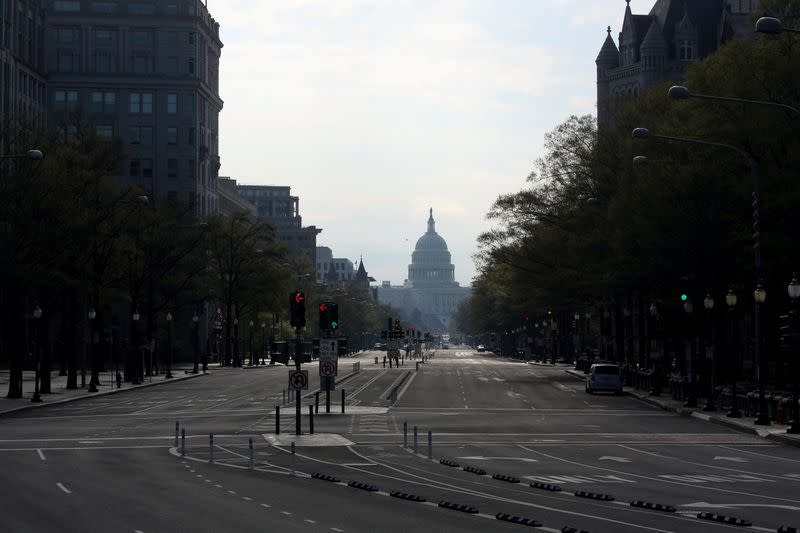 The downtown district of Washington, looking east to the U.S. Capitol, remains largely empty to try to limit the spread of Covid-19 during the coronavirus disease pandemic in Washington