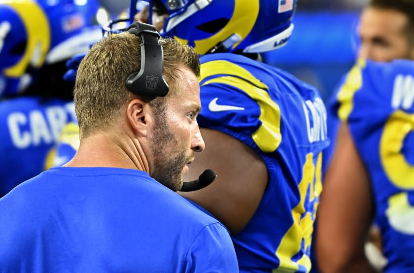 Inglewood, California August 18,2022-Rams head coach Sean McVay eyes a referee during a game against the Texans at SoFi Stadium in Inglewood Friday. (Wally Skalij/Los Angeles Times)