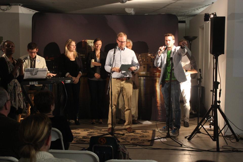 A scene from a Seersucker Live event in 2019 with co-founders Chris Berinato (front center) and Zach Powers (front right) emceeing the night.