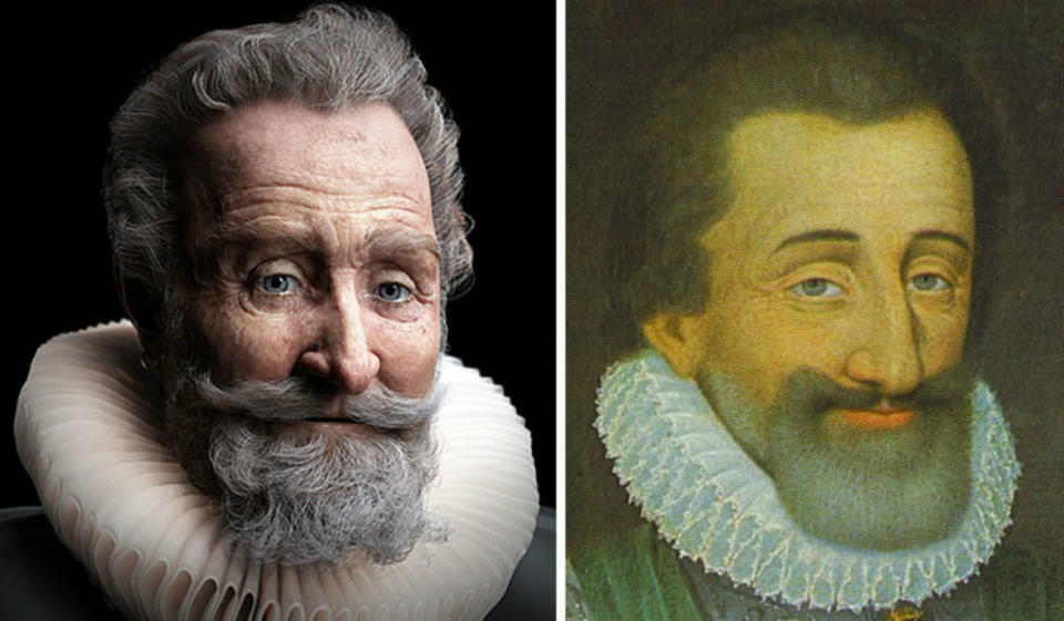 <p>Esta reconstrucción facial del rey francés Enrique IV ha sido realizada por el artista Philippe Froesch. Enrique IV estuvo en el trono entre 1589 y 1610, cuando fue asesinado por un fanático católico que se oponía a su política religiosa. Es un referente de los monarcas franceses por intentar mejorar la vida de su pueblo. (Foto: Youtube / Wikimedia Commons). </p>