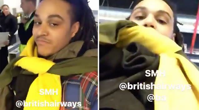 Ryan Williams was booted off a British Airways flight for wearing too many clothes to avoid a baggage fee. Source: Twitter/ Ryan Hawaii