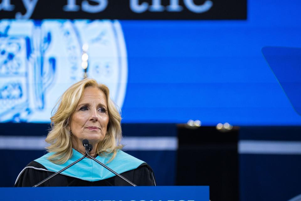 First lady of the United States Jill Biden speaks at Mesa Community College’s commencement ceremony at Desert Financial Arena on May 11, 2024, in Tempe, Arizona.