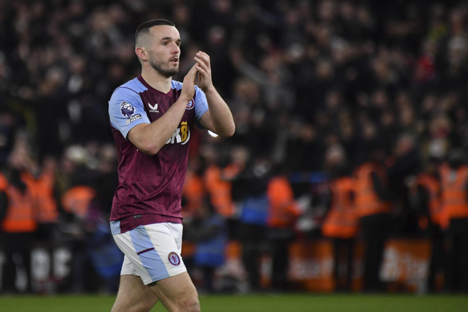 Aston Villa's John McGinn looks dejected at full time of the English Premier League soccer match between Aston Villa and Manchester United at the Villa Park stadium in Birmingham, England, Sunday, Feb. 11, 2024. Manchester United won 2-1. (AP Photo/Rui Vieira)