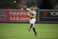 Houston Astros second baseman Jose Altuve throws out Los Angeles Angels' Brian Goodwin at first during the eighth inning of a baseball game Saturday, Sept. 28, 2019, in Anaheim, Calif. (AP Photo/Mark J. Terrill)