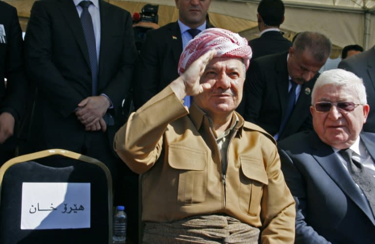 Iraqi Kurdish leader Massud Barzani (L) and Iraqi President Fuad Masum attend a funeral ceremony in the Iraqi Kurdish city of Sulaimaniyah for ex-president Jalal Talabani on October 6, 2017 who died in Germany