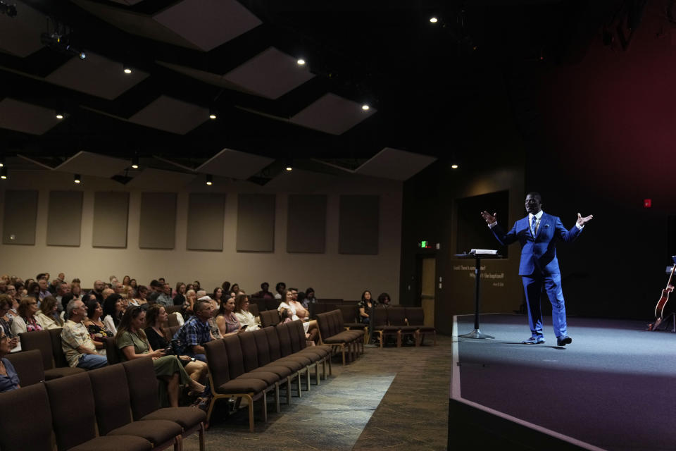 Pastor Les Robinson delivers a sermon at The Sanctuary Church Sunday, May 14, 2023, in Santa Clarita, Calif. California’s first-in-the-nation Black reparations task force is nearing the end of its historic work with a hefty list of recommendations for lawmakers to consider turning into action. Black residents say they hope the effort results in meaningful reparations. Compensation is an important part of state reparations proposals because Black Americans have “been deprived of a lot of money,” due to discriminatory policies, said Robinson. (AP Photo/Marcio Jose Sanchez)