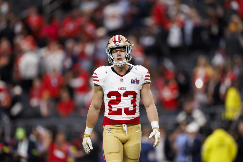 LAS VEGAS, NEVADA - FEBRUARY 11: Christian McCaffrey #23 of the San Francisco 49ers looks on during warmups before Super Bowl LVIII against the Kansas City Chiefs at Allegiant Stadium on February 11, 2024 in Las Vegas, Nevada.  (Photo: Ryan Kang/Getty Images)