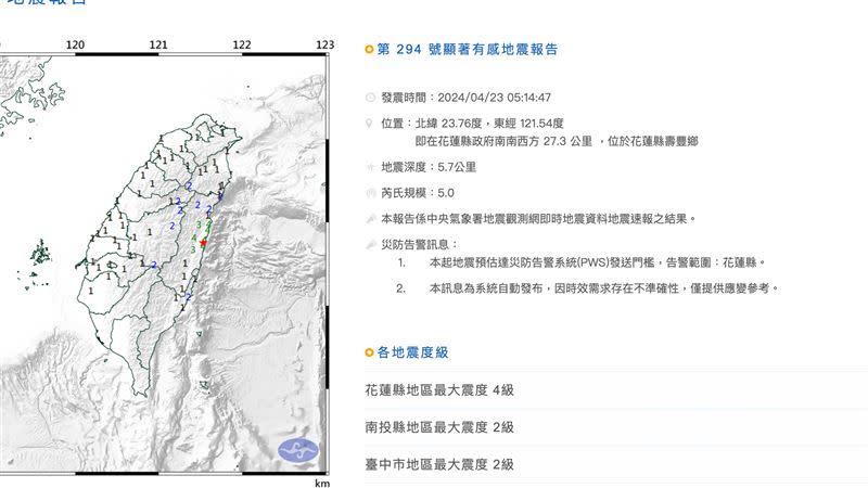 今晨5時許發生規模5.0地震。（圖／翻攝自中央氣象署）