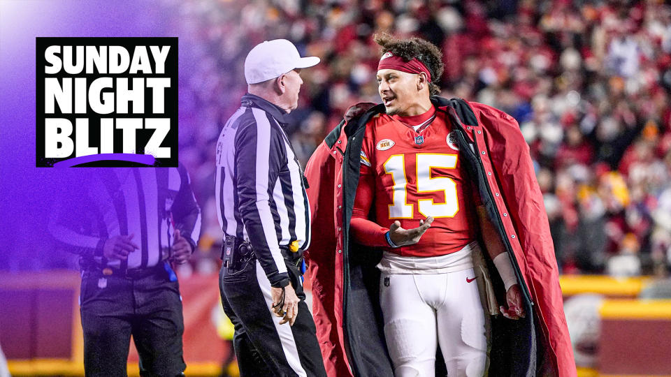 Kansas City Chiefs quarterback Patrick Mahomes (15) talks with an official during the second half of an NFL football game against the Buffalo Bills Sunday, Dec. 10, 2023, in Kansas City, Mo. (AP Photo/Ed Zurga)