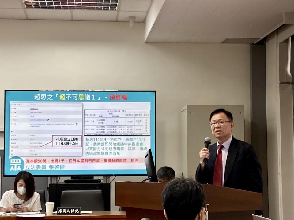 張啓楷表示，進口上億元的日本蛋竟沒合約，除了洗產地，還可以「洗經歷」，真的是「超級不可思議」。(圖／張啟楷國會辦公室)