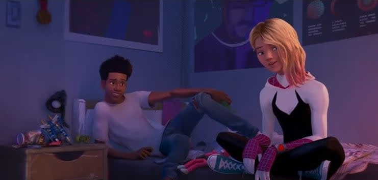 Miles sitting on his bed with Gwen in "Spider-Man: Across the Spider-Verse"