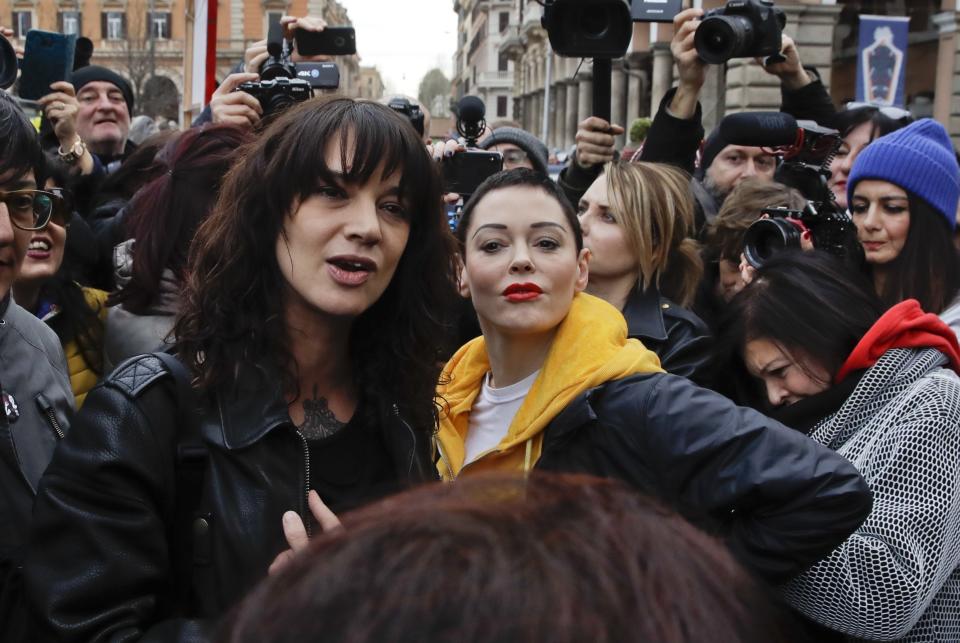Argento and McGowan participated in International Women’s Day in Rome on March 8, 2018. Their friendship ended in August. (Photo: Alessandra Tarantino/AP)