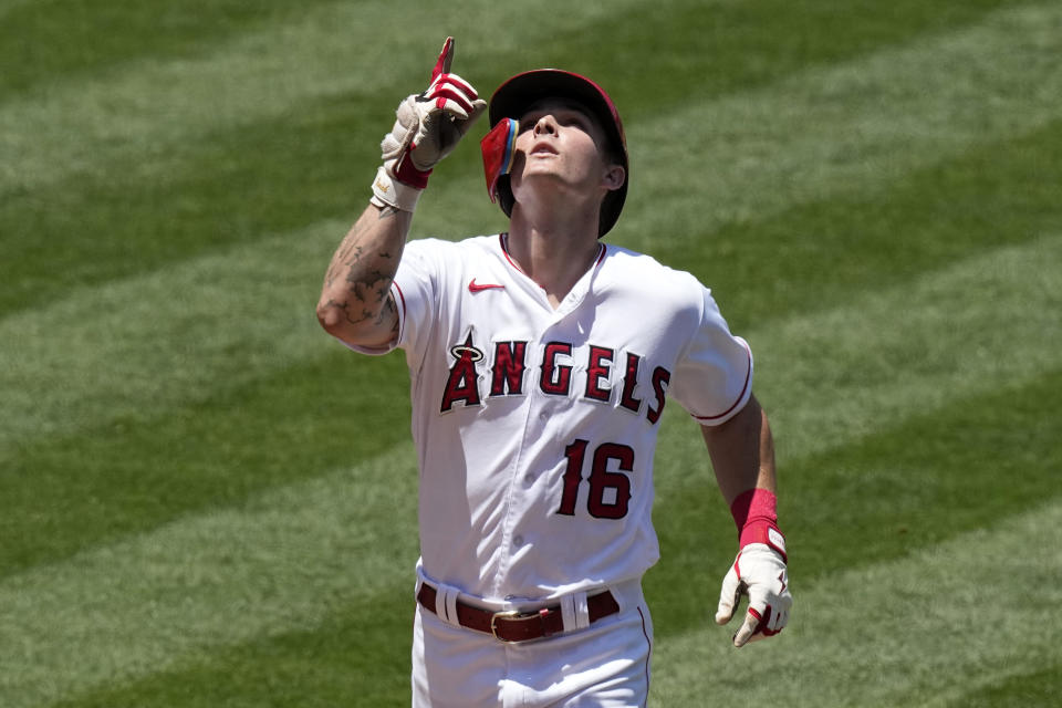 Los Angeles Angels' Mickey Moniak gestures as he scores after hitting a three-run home run during the second inning of a baseball game against the Arizona Diamondbacks Sunday, July 2, 2023, in Anaheim, Calif. (AP Photo/Mark J. Terrill)