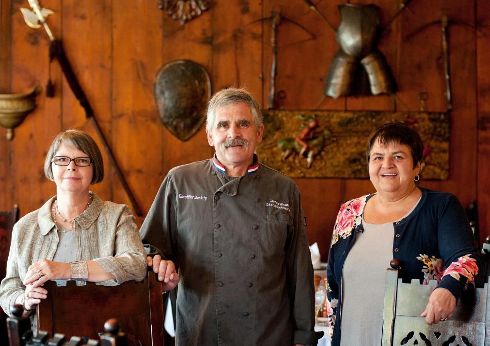From left, former owners of the Castle Restaurant in Leicester, Denise and James Nicas and Evangeline Nicas, in 2015. Evangeline died on July 12, at the age of 70.