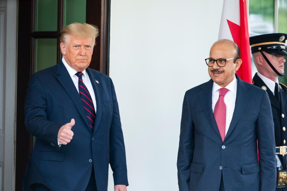 Former US President Donald Trump and the Bahraini Foreign Affairs Minister Sheikh Khalid Bin Ahmed Al-Khalifa, at the signing of the Abraham Accords in September (EPA)