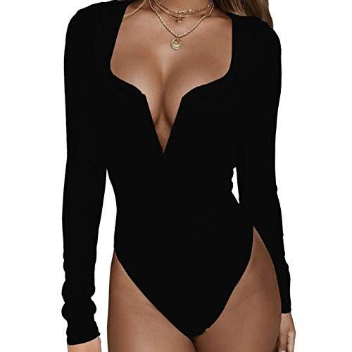 3) Tilnnocy Long Sleeve Deep V Neck Bodysuit