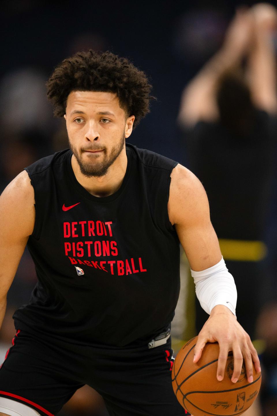 Detroit Pistons guard Cade Cunningham warms up before taking on the Golden State Warriors at Chase Center in San Francisco on Friday, Jan. 5, 2024.