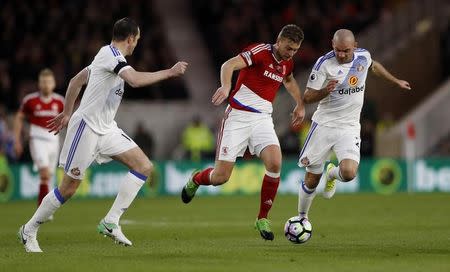 Britain Soccer Football - Middlesbrough v Sunderland - Premier League - The Riverside Stadium - 26/4/17 Middlesbrough's Ben Gibson in action with Sunderland's Wahbi Khazri Action Images via Reuters / Lee Smith Livepic