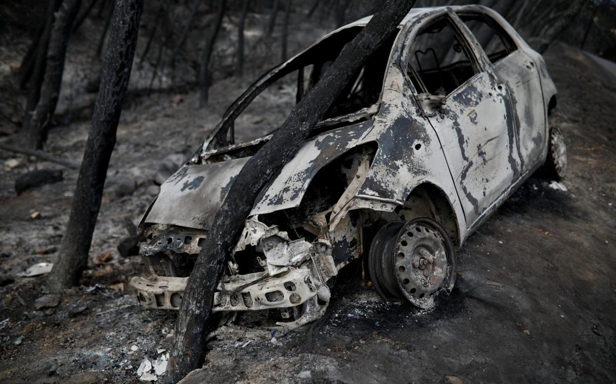 A burned car is stuck under a burned tree following a wildfire in Neos Voutzas, near Athens - REUTERS