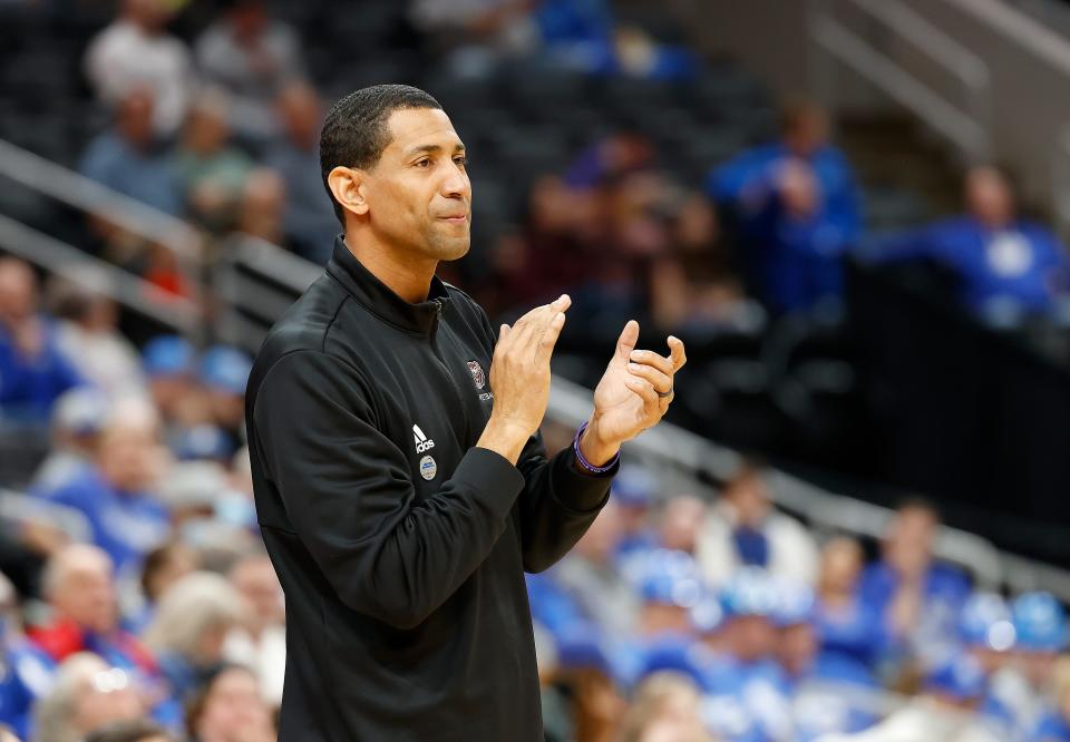 Missouri State head coach Dana Ford during a game against Valparaiso at the Missouri Valley Conference Tournament, Friday, March 4, 2022, at Enterprise Center in St. Louis. 