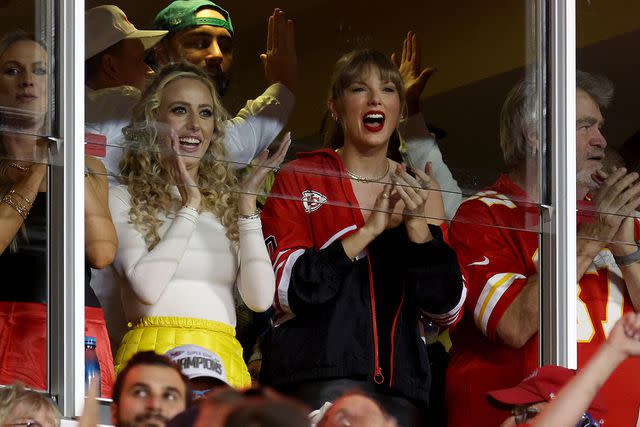 <p>Jamie Squire/Getty Images</p> Brittany Mahomes and Taylor Swift celebrate a touchdown by the Kansas City Chiefs