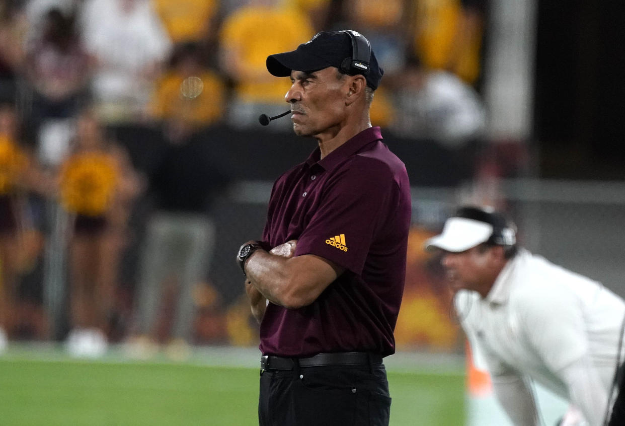 Arizona State head coach Herm Edwards watches his team against Eastern Michigan during the first half of an NCAA college football game Saturday, Sept. 17, 2022, in Tempe, Ariz. (AP Photo/Darryl Webb)