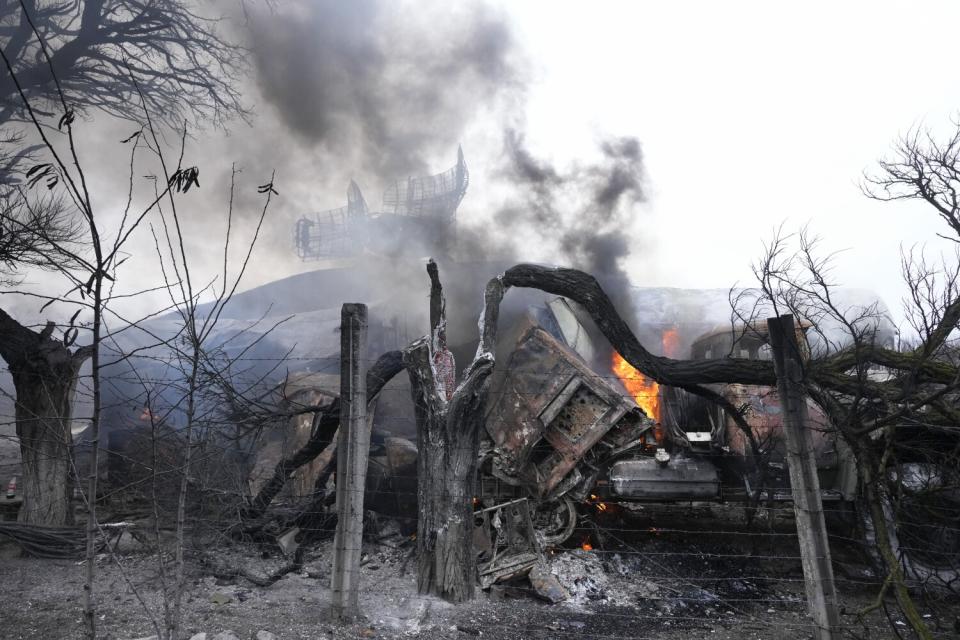 Damaged radar arrays and other equipment are seen at Ukrainian military facility outside Mariupol, Ukraine