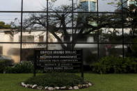 A company list showing the Mossack Fonseca law firm is pictured on a sign at the Arango Orillac Building in Panama City April 3, 2016. REUTERS/Carlos Jasso