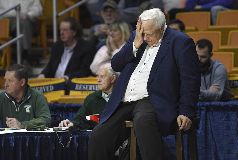 West Virginia Gov. Jim Justice, coach of the Greenbrier East High School girls basketball team, reacts to action on the court at the state tournament Tuesday, March 5, 2024, in Charleston, W.Va. (Rick Barbero/The Register Herald via AP)