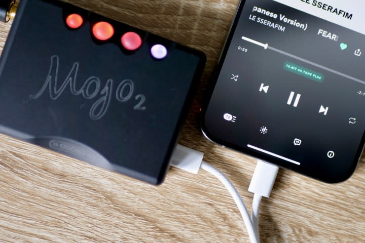 The iPhone 15 Pro Max connected to the Chord Mojo 2 using USB C.
