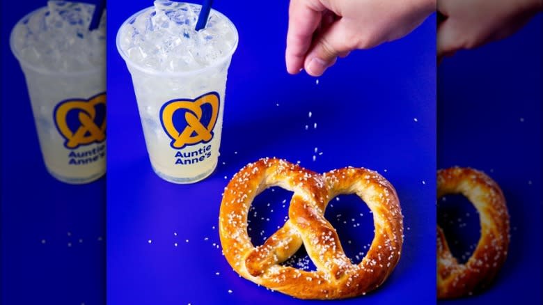 A cup of Auntie Anne's lemonade and a pretzel