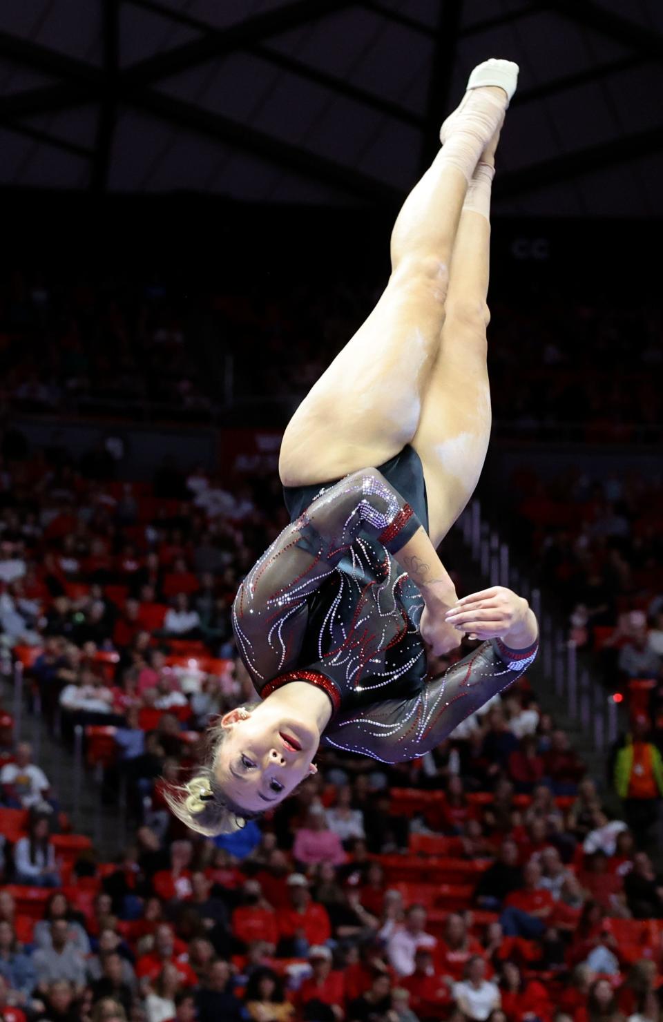 Utah’s Makenna Smith does her beam routine as the Utah Red Rocks compete against Oregon State in a gymnastics meet at the Huntsman Center in Salt Lake City on Friday, Feb. 2, 2024. Utah won. | Kristin Murphy, Deseret News