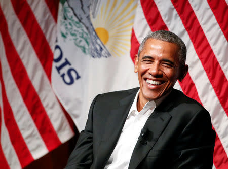 Former President Barack Obama speaks during a meeting with youth leaders at the Logan Center for the Arts at the University of Chicago to discuss strategies for community organization and civic engagement in Chicago, Illinois, April 24, 2017. REUTERS/Kamil Krzaczynski