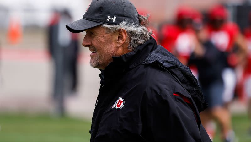 Utah football coach Kyle Whittingham looks on during a spring practice at the University of Utah in Salt Lake City on Tuesday, April 18, 2023. The Utes wrap up spring camp Saturday at the Forever 22 Game at Rice-Eccles Stadium.