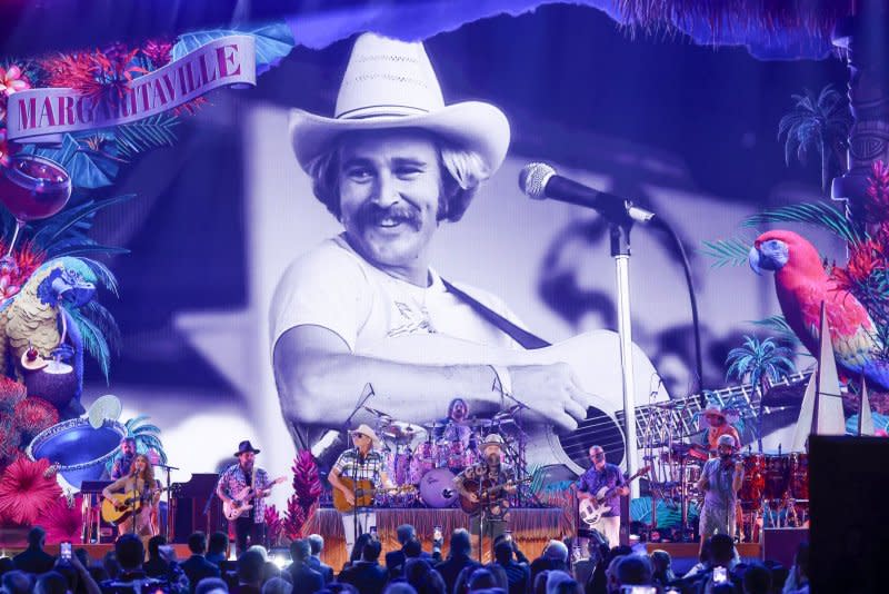 Alan Jackson and Zac Brown perform a tribute to the late Jimmy Buffett during the 57th Annual CMA Awards at Bridgestone Arena in Nashville on Wednesday. Photo by John Angelillo/UPI