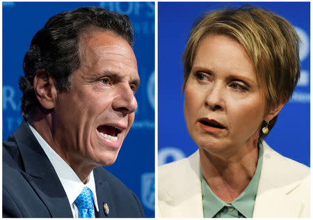 FILE PHOTO: A combination photo of Governor Andrew M. Cuomo and actress and activist Cynthia Nixon, a first-time candidate mounting a challenge in the New York Democratic primary election, are shown during a televised debate in Hempstead, New York, U.S., August 29, 2018. REUTERS/Pool/File Photos