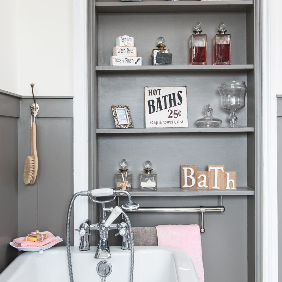 Slot slimline shelves in at the end of a bath