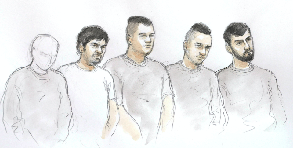 (L-R) Father, Jabar Paktia, Jan Dudi, Adam Cech and Norbert Pulko in court (SWNS)