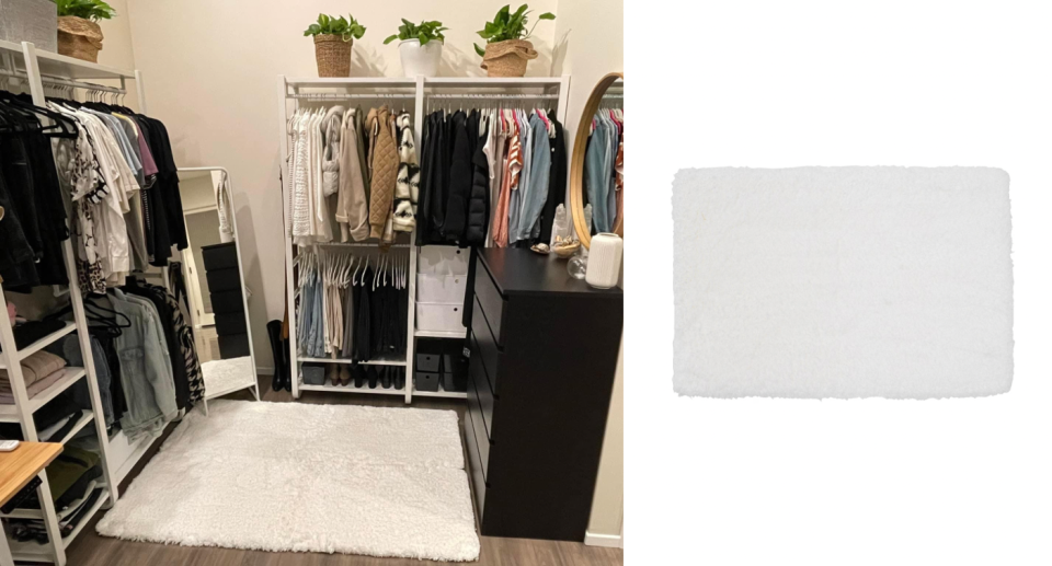 A savvy shopper has revealed her hack for sewing together four bath mats to create a lush rug for her wardrobe. Photo: Facebook