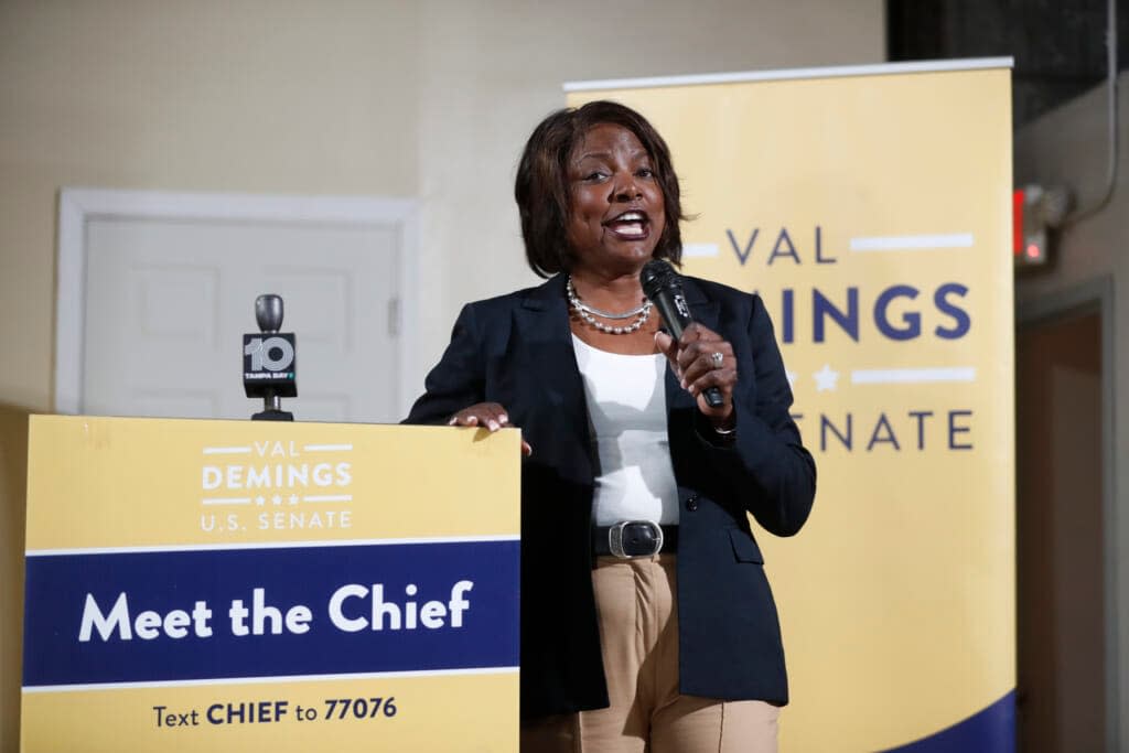 Democratic Senate candidate Rep. Val Demings (D-FL) gives a campaign speech in front of her supporters on June 28, 2022 in St Petersburg, Florida. (Photo by Octavio Jones/Getty Images)