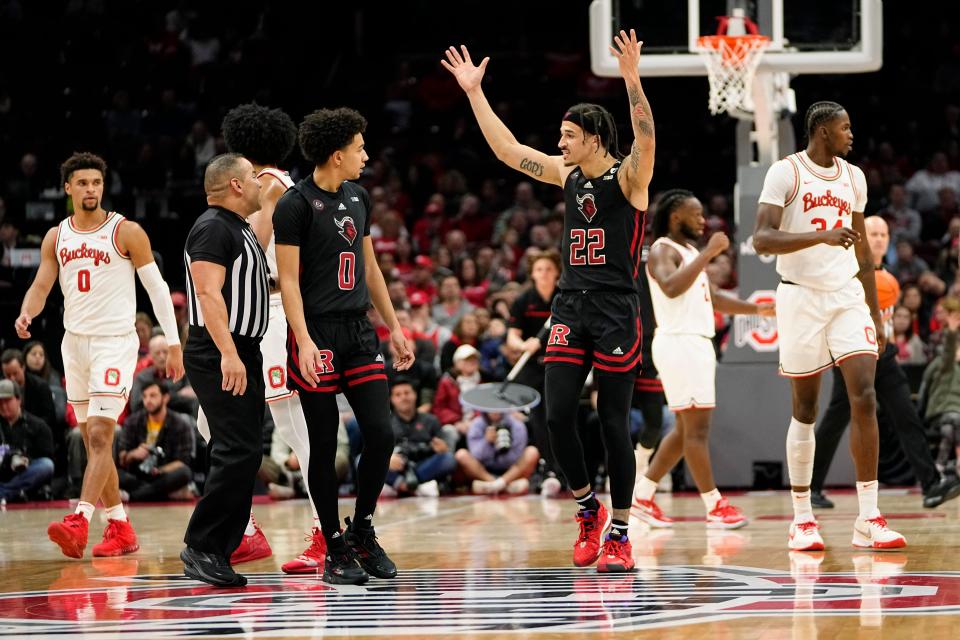 Rutgers Scarlet Knights guard Caleb McConnell (22) argues a call during the first half of the NCAA men's basketball game against the Ohio State Buckeyes at Value City Arena.