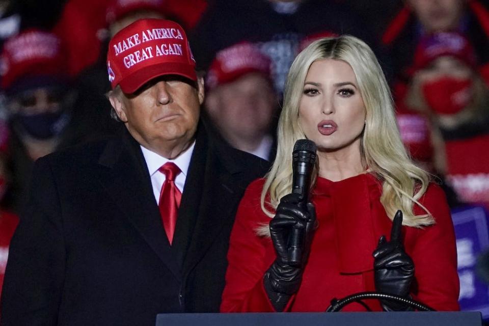 Ivanka Trump speaks at a campaign event with her father, then-President Donald Trump, in Kenosha, Wis., on Nov. 2, 2020.