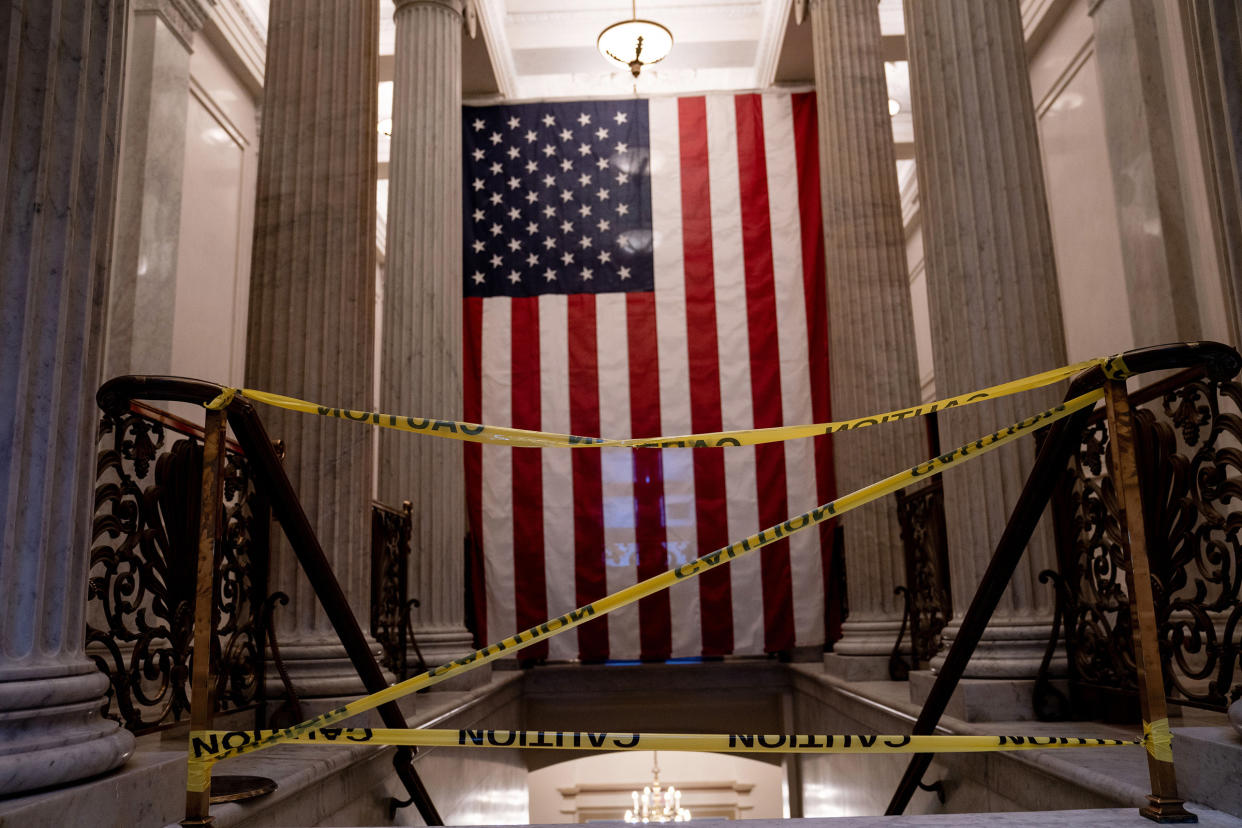 Caution tape blocks a stairwell inside the Capitol in Washington on Jan. 9