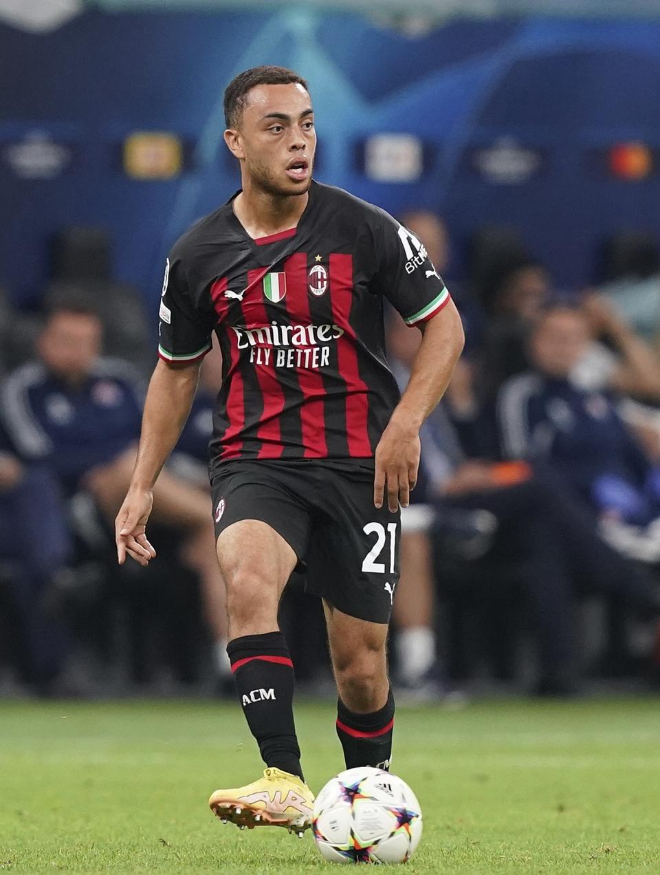 AC Milan's Sergino Dest looks to pass during the Champions League, Group E soccer match between AC Milan and Dinamo Zagreb, at the San Siro stadium in Milan, Italy, Wednesday, Sept. 14, 2022. (Spada/LaPresse via AP)