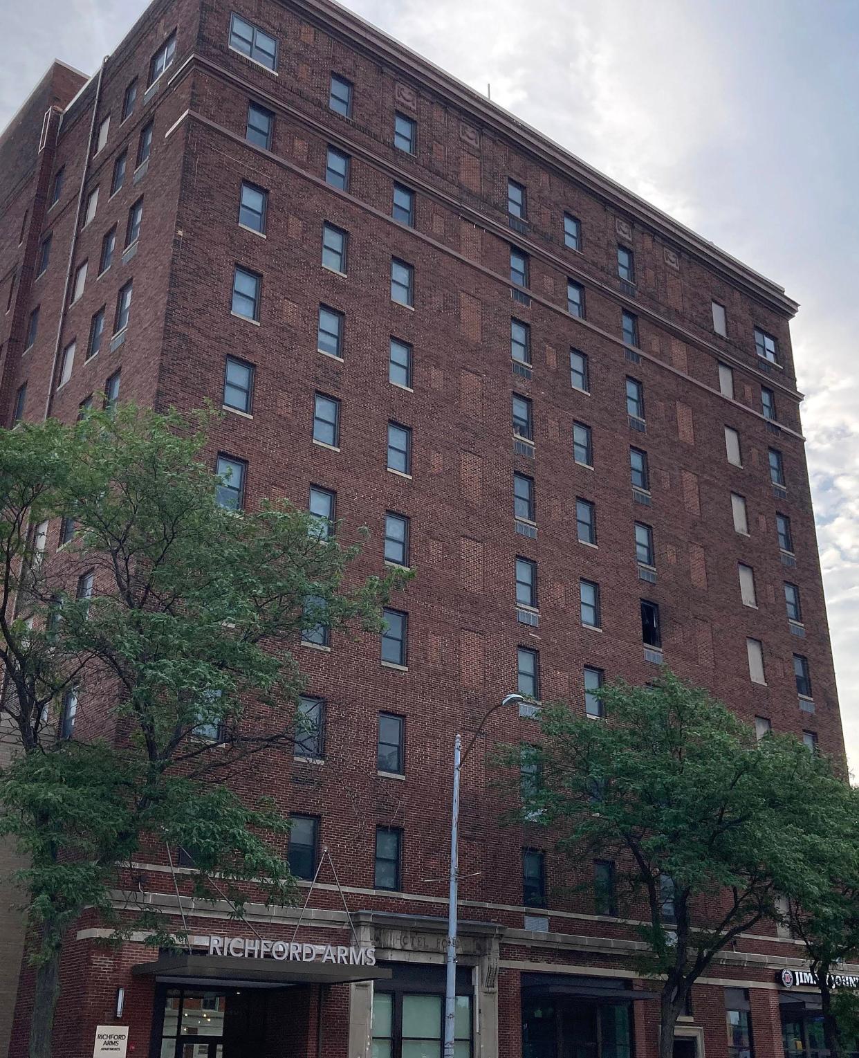 A fatal fire broke out on the fourth floor of the Richford Arms apartment building at State Street and North Park Row in Erie on Wednesday evening. The window on the right side of the building marks the apartment where the fire erupted.