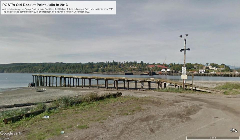 A street view image on Google Earth shows Port Gamble S'Klallam Tribe's old dock at Point Julia in September 2013. 
The old dock was demolished in 2018 and replaced by a new boat ramp in December 2022.