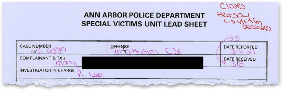 A handwritten note on the Ann Arbor Police Department’s Special Victims Unit lead sheet for Quinn Moffett’s case simply reads, “closed, hearsay, victim deceased.”